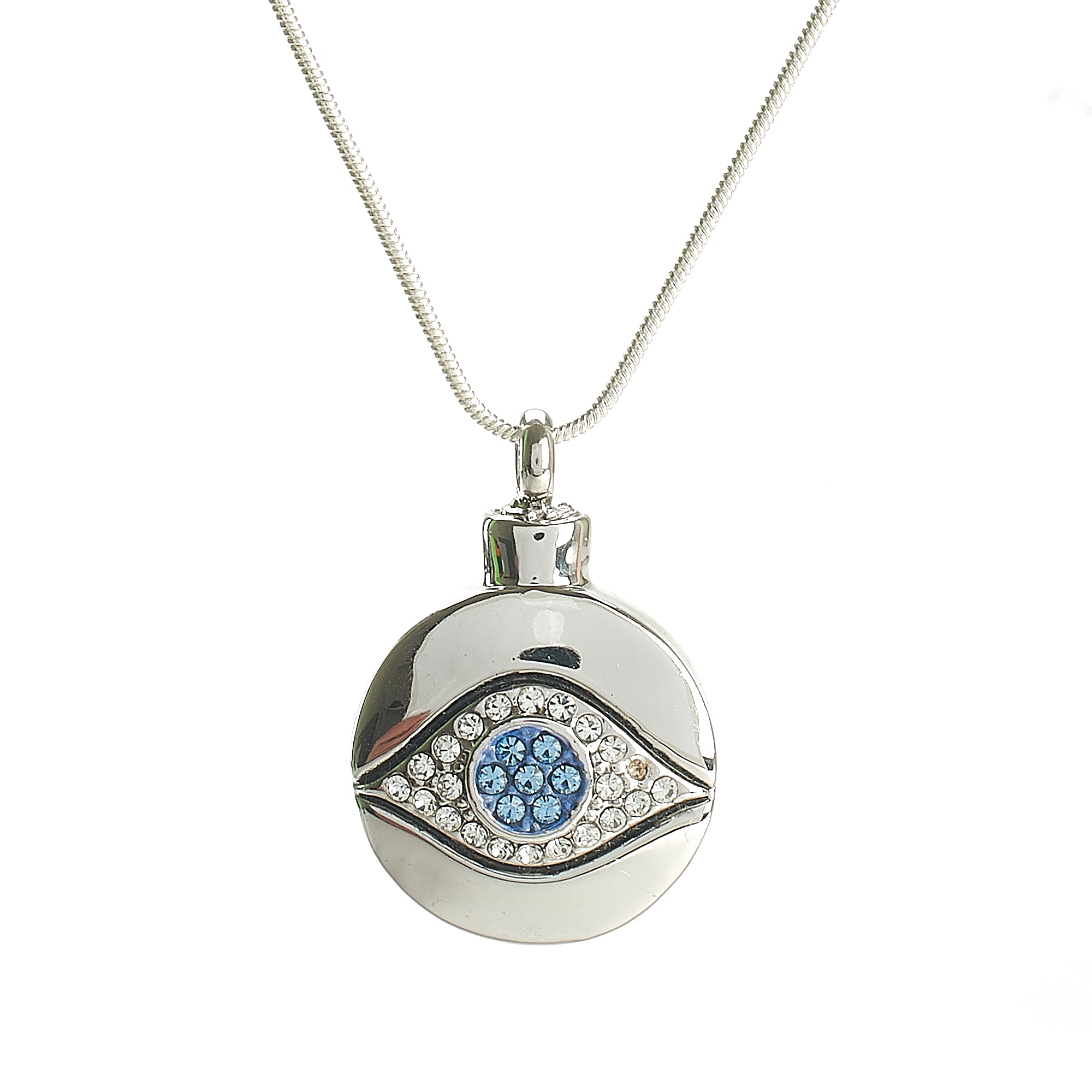 Cremation Pendant - High Shine Silver Round Evil Eye