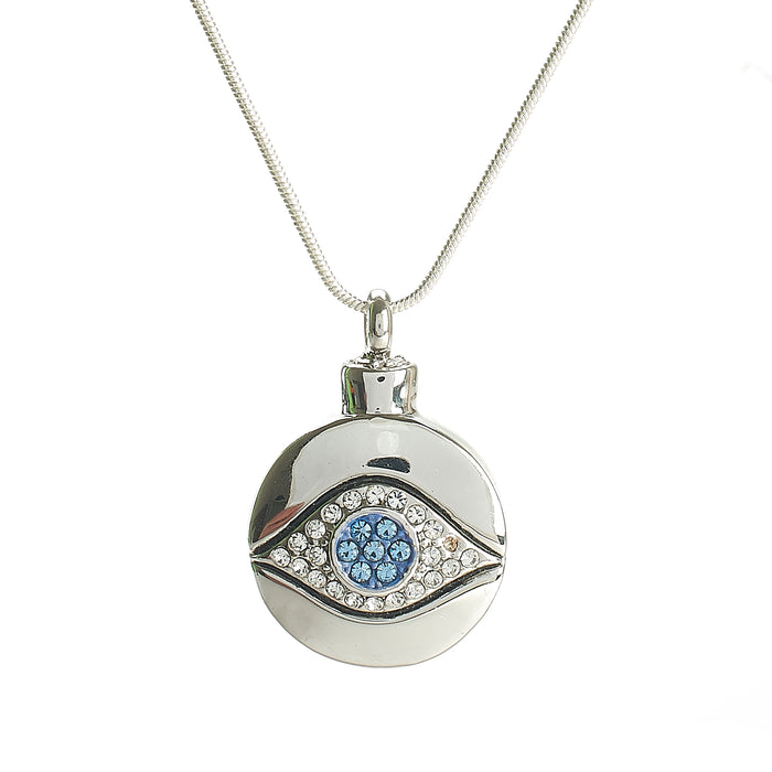 Cremation Pendant - High Shine Silver Round Evil Eye