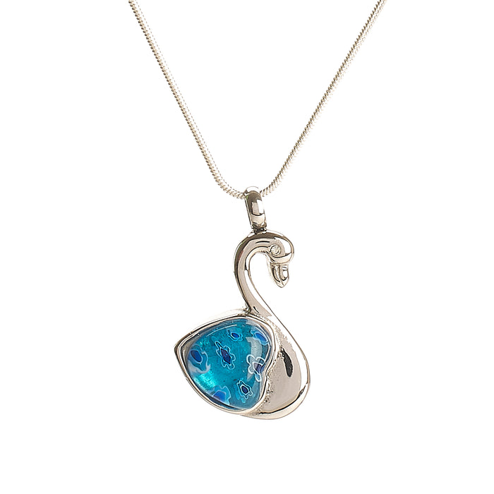 Cremation Pendant - Murano Silver Swan with Blue Heart feature